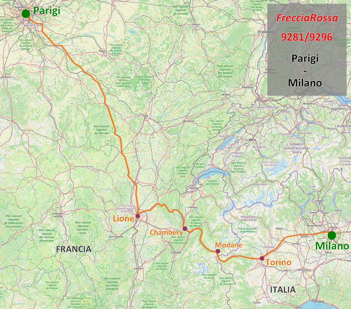 Mappa Frecciarossa 9281/9296 Parigi - Milano Mappa Frecciarossa 9281/9296 Parigi - Milano