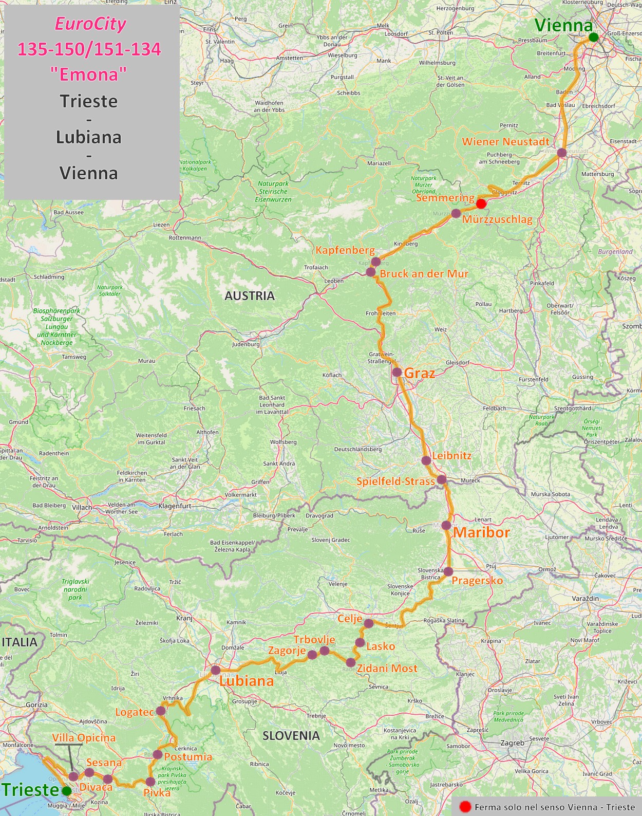 Mappa EuroCity "Emona" Trieste - Lubiana - Vienna